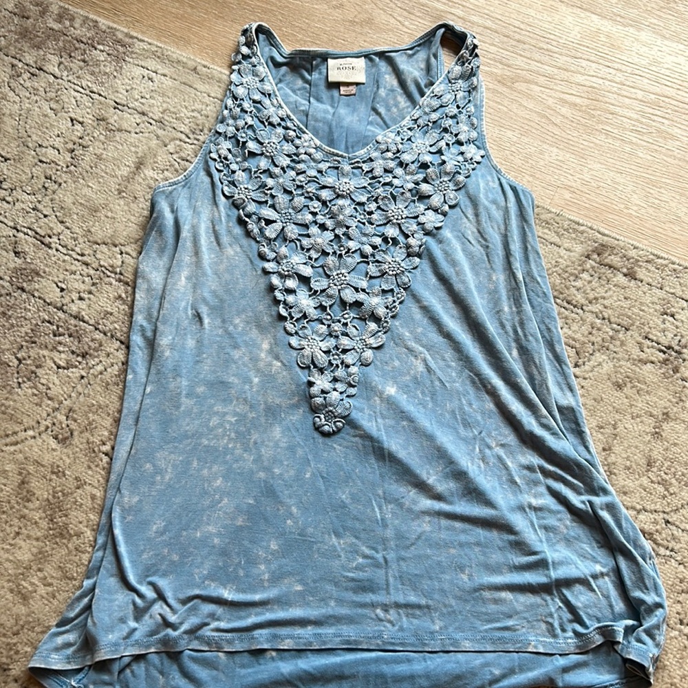 Knox Rose Blue Floral Crochet Neck Tank Top